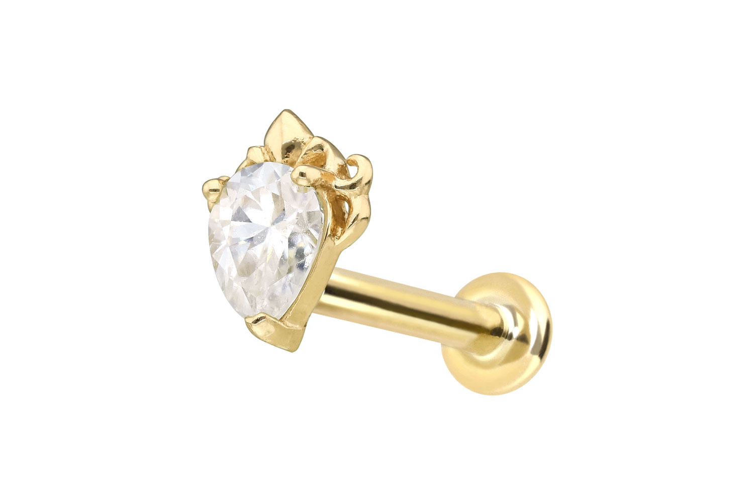 14 Karat Gold Labret Piercing mit Push Fit MOISSANIT-TROPFEN